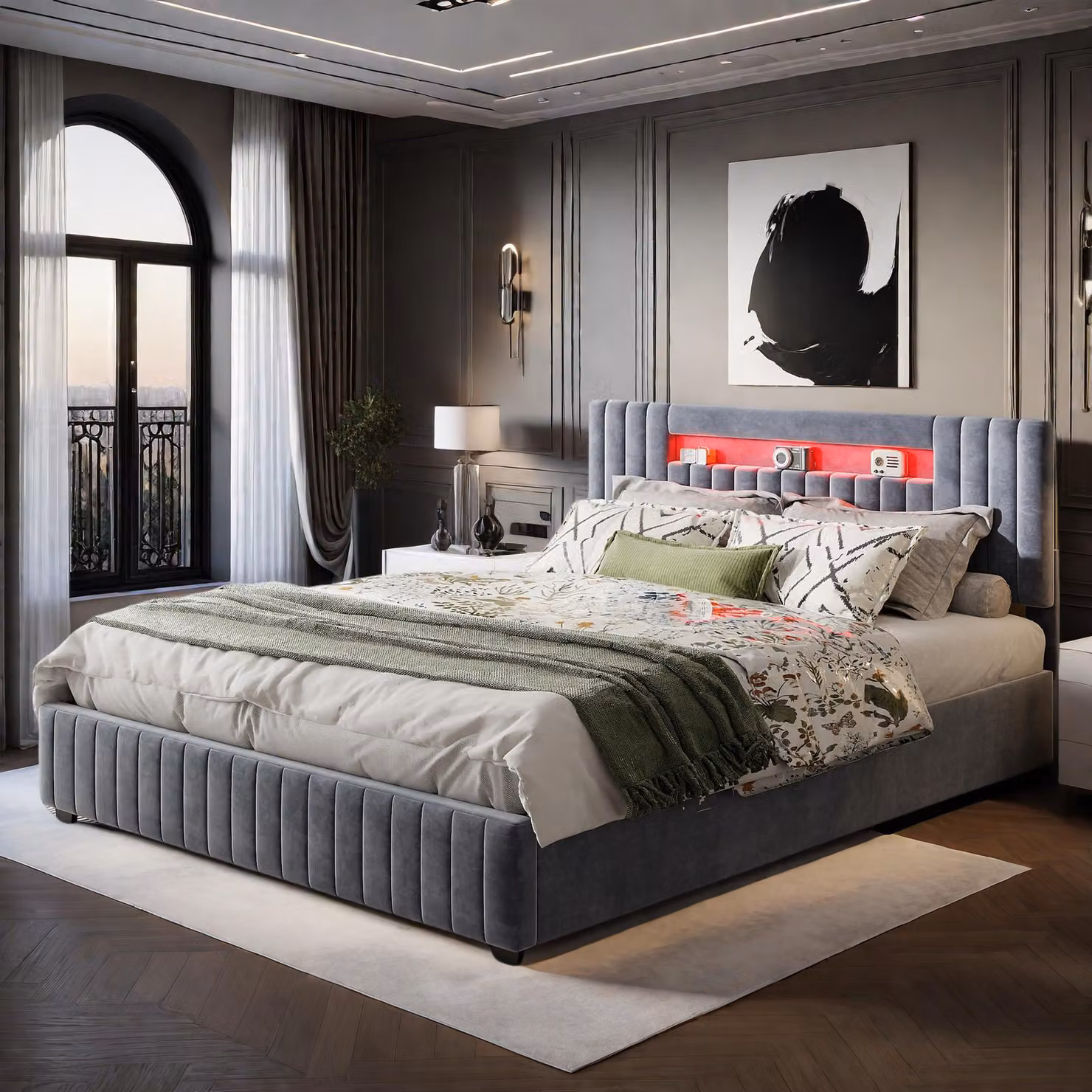 Letto imbottito ProximaX con illuminazione a LED, letto idraulico 160 x 200 cm, letto imbottito, testata a ripiani con contenitore, struttura letto con rete a doghe, confortevole, per camera da letto, camera degli ospiti, velluto, grigio