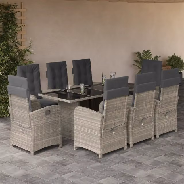 Set Pranzo da Giardino vidaXL in Polyrattan con Cuscini e Tavolo in Vetro, 9 Pezzi, Grigio Antracite