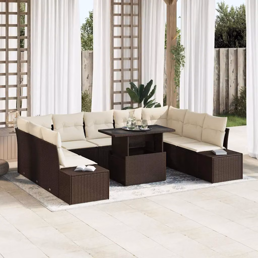 Set Divano da Giardino vidaXL in Polyrattan Marrone e Beige con Tavolino e Cuscini a Forma di U – 1