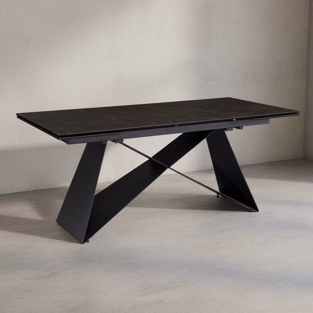 Tavolo da pranzo 180 - 260 cm allungabile in Vetroceramica e vetro nero, tavolo grande in Vetroceramica, tavolo da cucina di design rettangolare, tavolo da pranzo stravagante con gambe in metallo