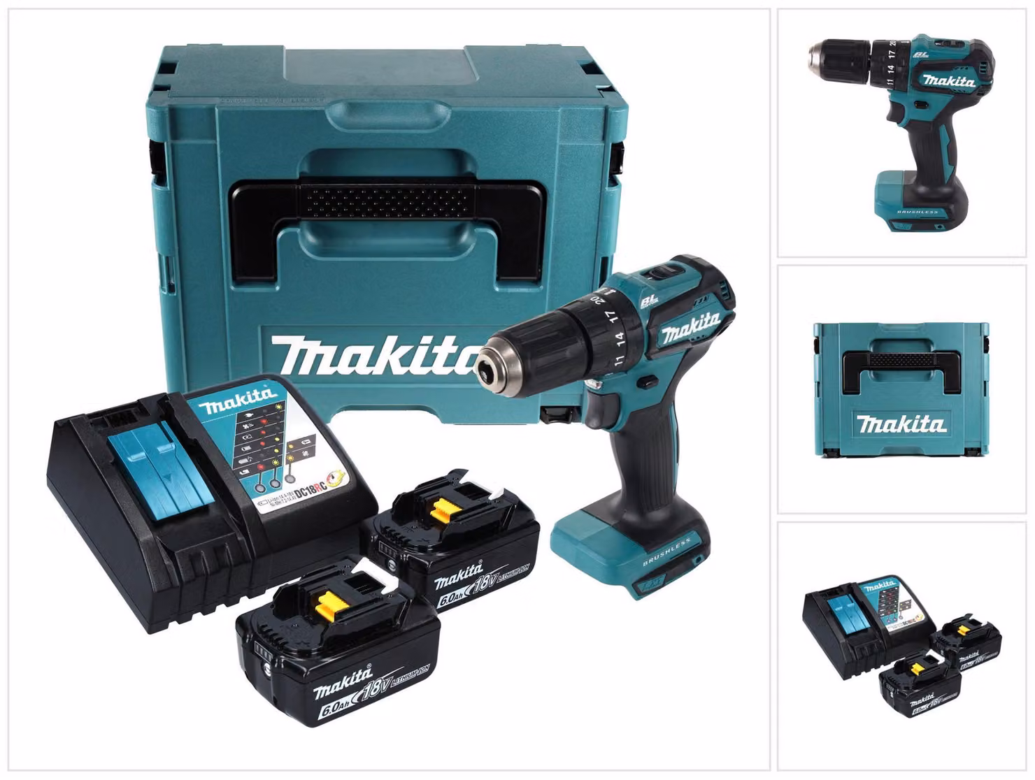 Makita DHP 483 RGJ Trapano avvitatore con percussione a batteria 18 V 40 Nm + 2x Batterie 6,0 Ah + Caricabatterie + Valigetta Makpac