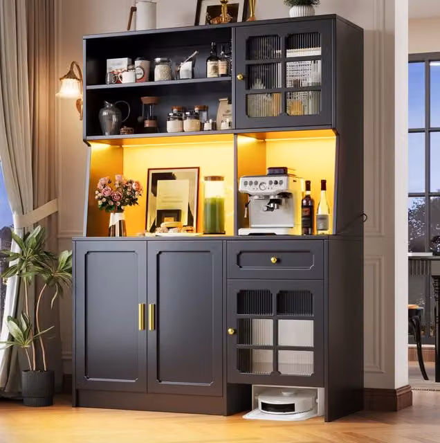 Mobile da Cucina Nero 130x45x180 cm con Ante in Vetro e Illuminazione LED