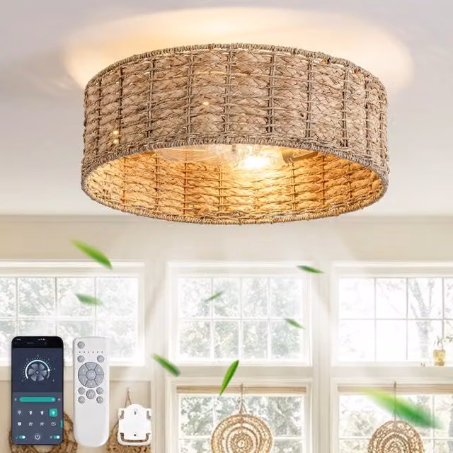 Ventilatore da soffitto con luce e telecomando in rattan e finitura rame, diametro 53 cm