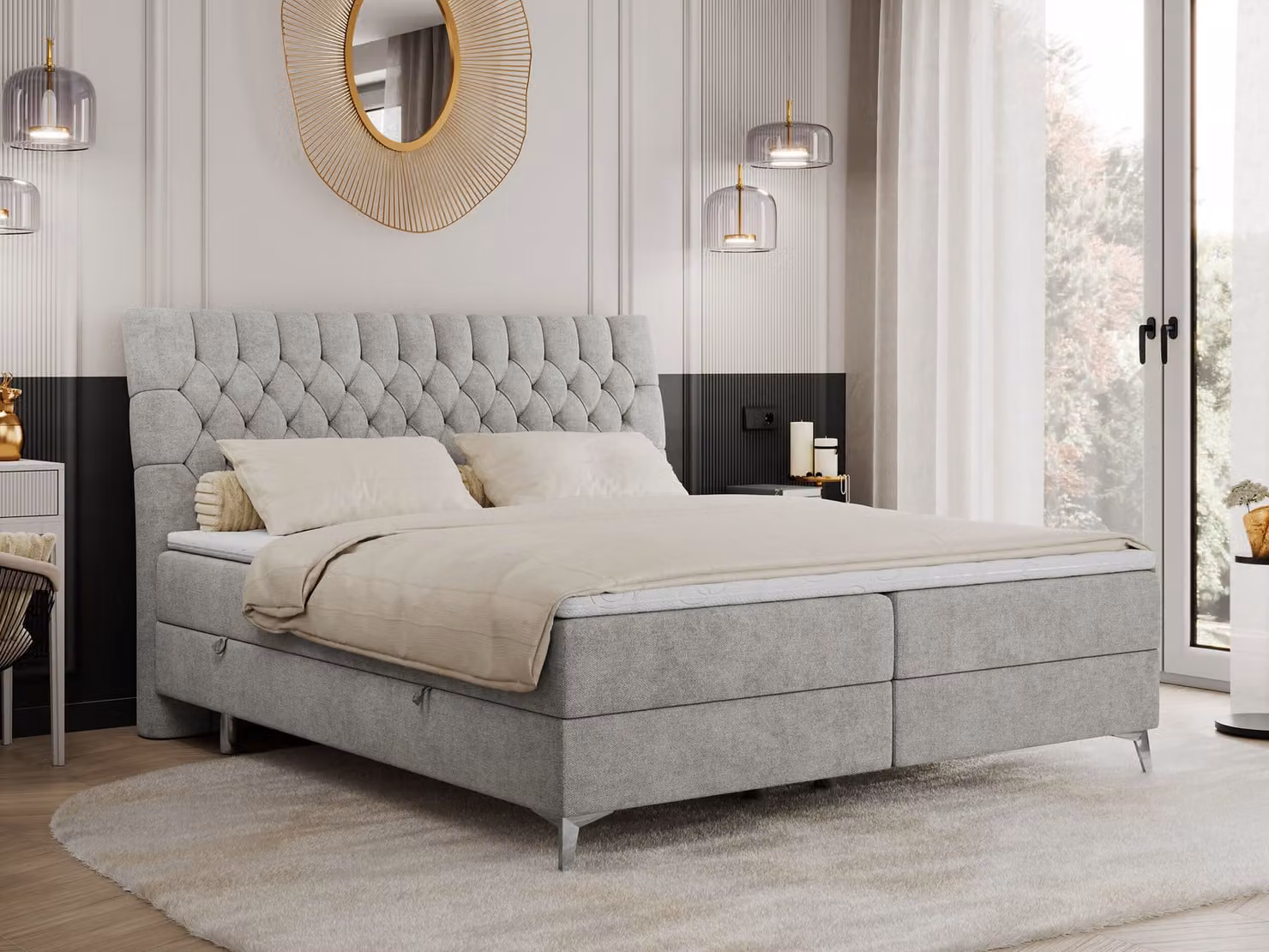 Letto boxspring 160x200 con 2 cassetti, materasso e coprimaterasso, letto imbottito 160x200, letto 160x200 - MILEN - 160x200 cm - Grigio chiaro - Struttura - H4