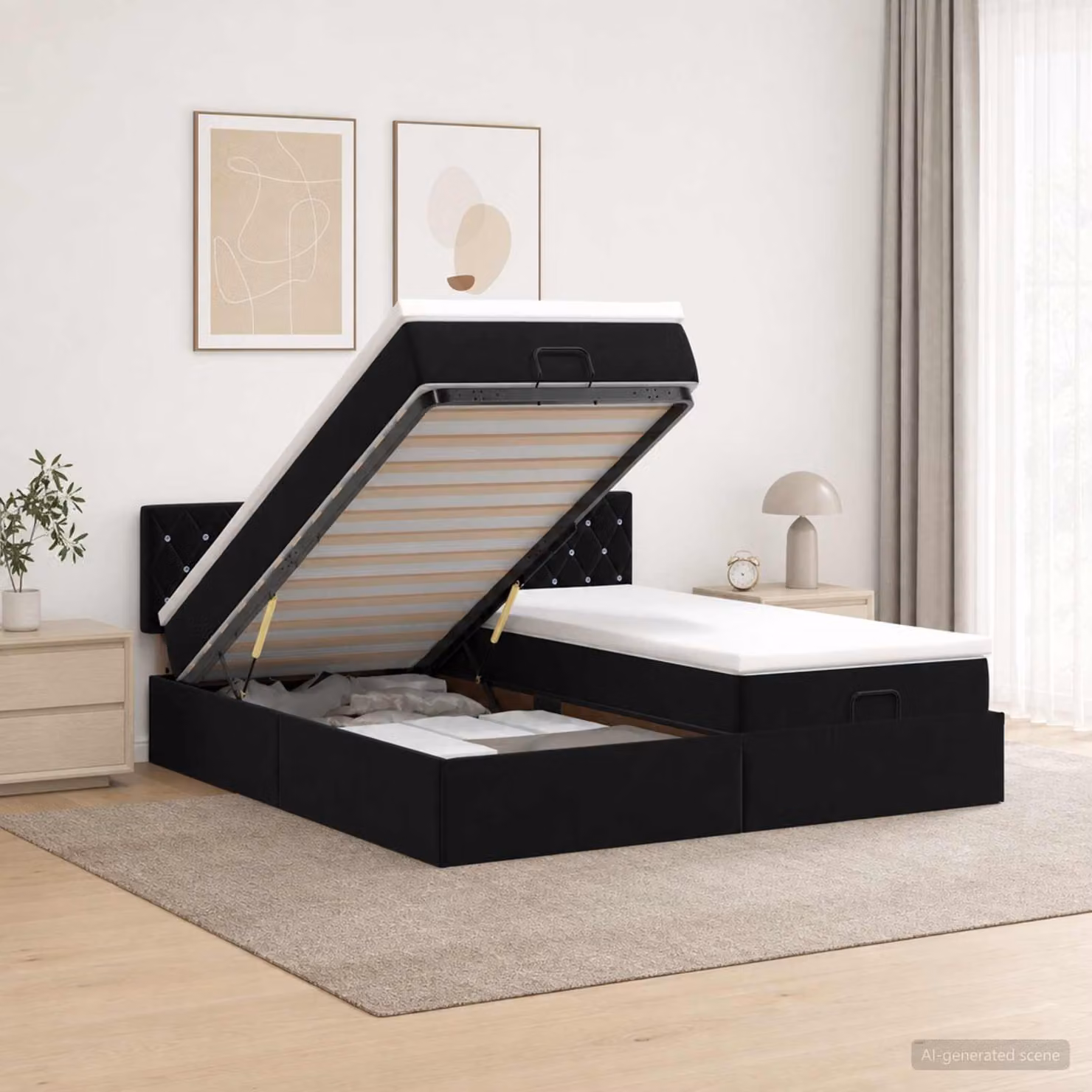 Letto ottomano con materasso e testiera vidaXL in velluto nero, L/P/H: 200 x 200 x 88 cm