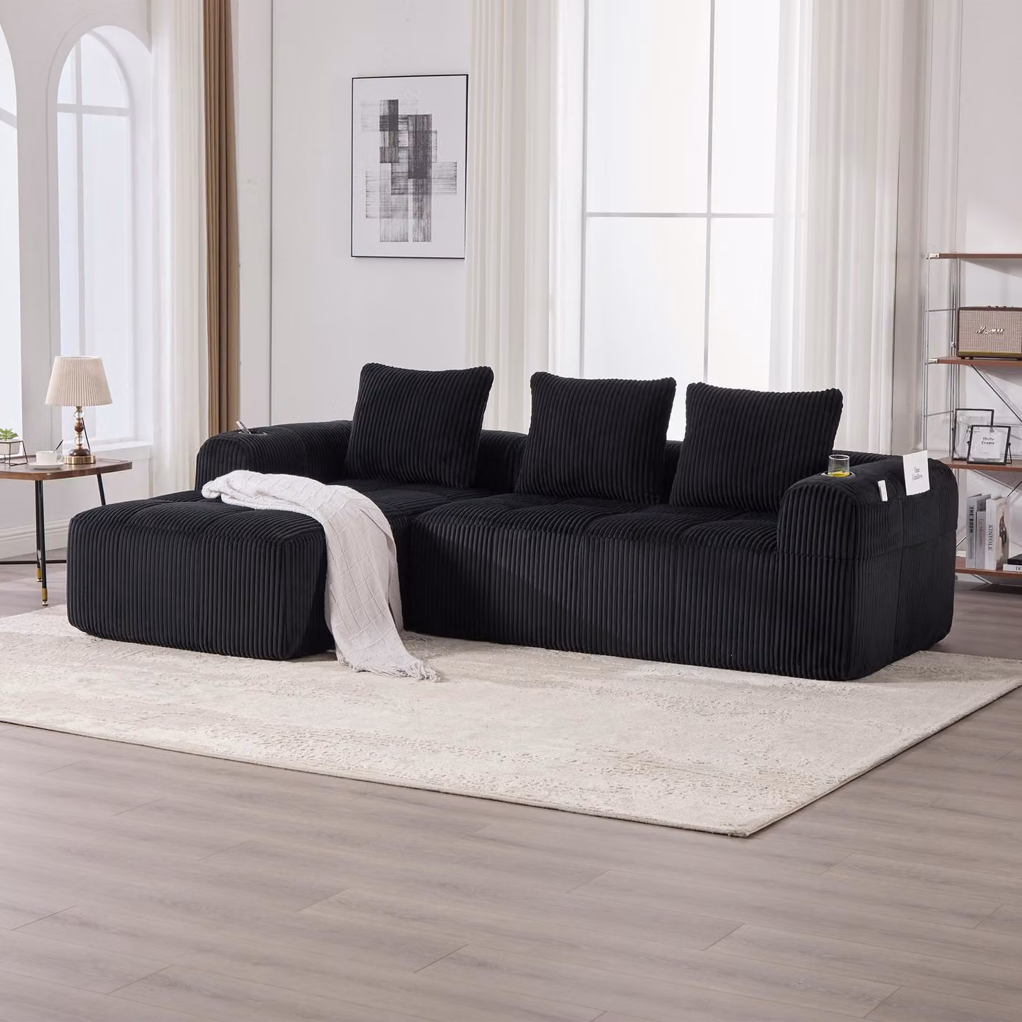 LVHOM Divano componibile con funzione letto, divano angolare con rivestimento in velluto a coste, 3 posti con portabicchieri, divano letto senza montaggio, divano lounge con tasca laterale, nero