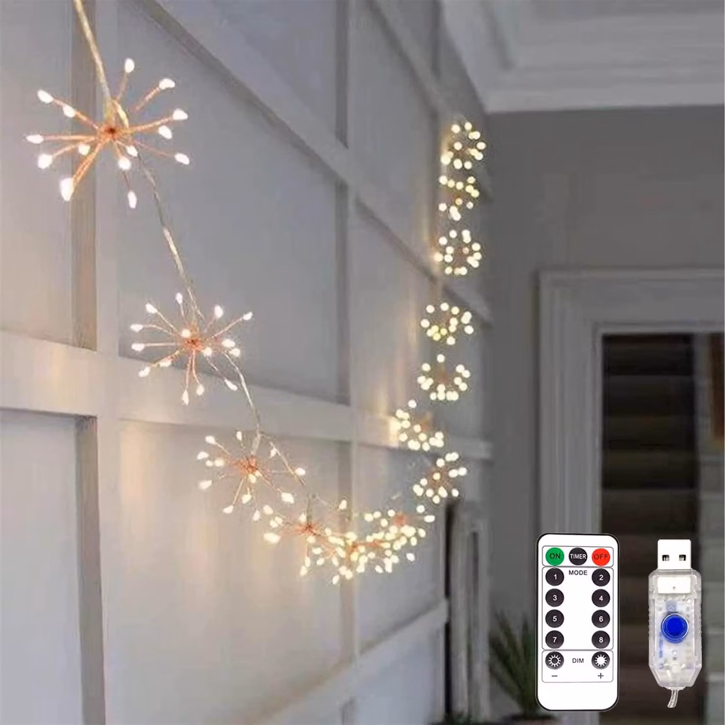 Catena luminosa a LED con effetto fuochi d'artificio, alimentazione USB, 50 LED, 5 funzioni, telecomando, 8 modalità