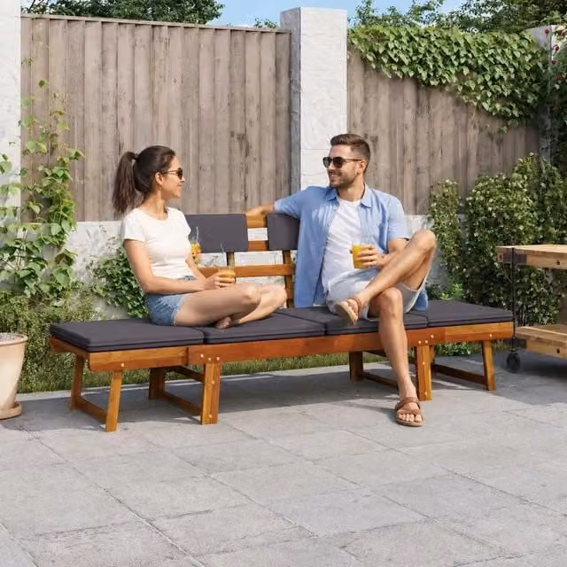 2-in-1 Garden Lounger With Cushion, 190 Cm, Solid Acacia Wood
