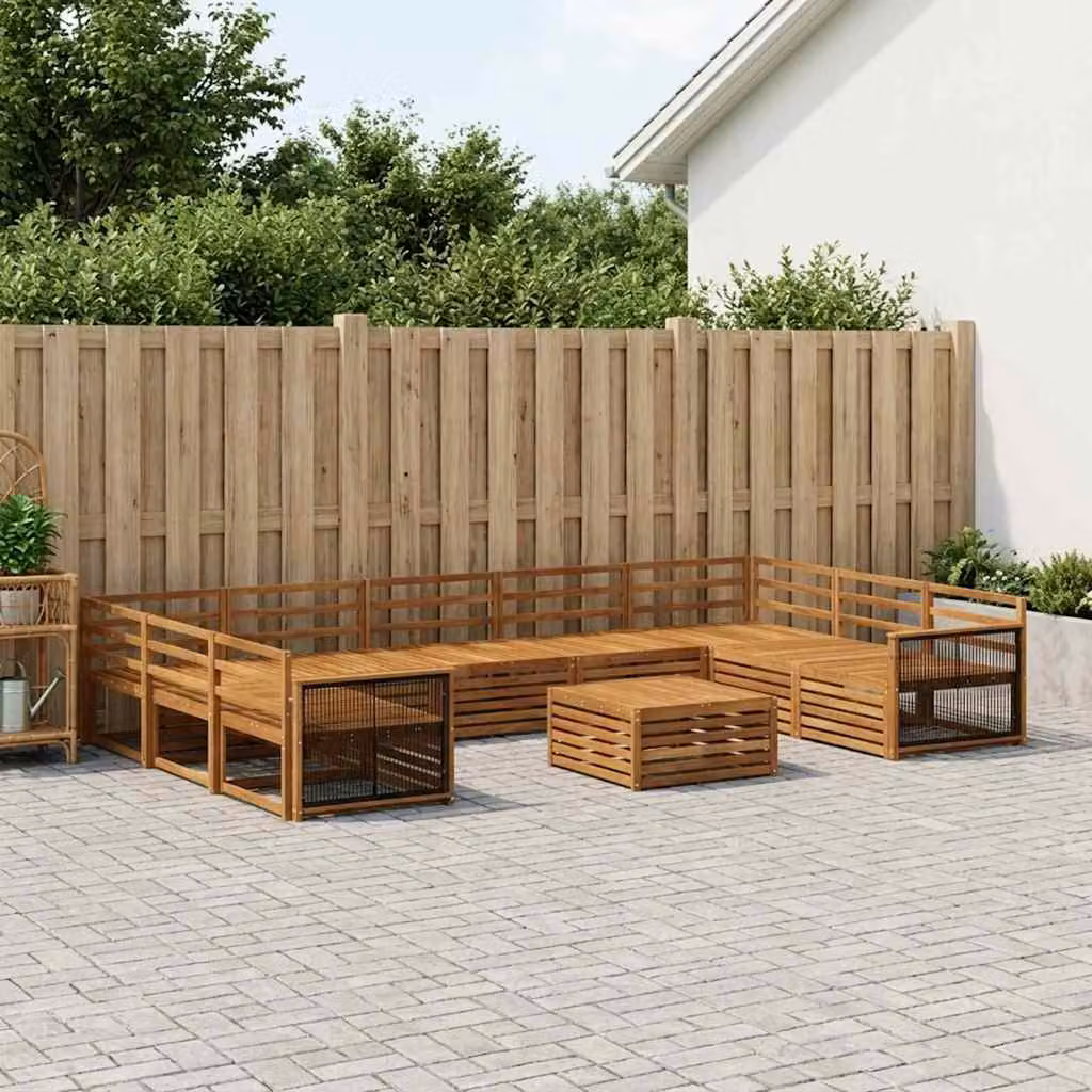 Set di divani da esterno vidaXL 10 pezzi a forma di U in legno di acacia marrone con cuscini e tavolino da caffè per giardino e terrazza
