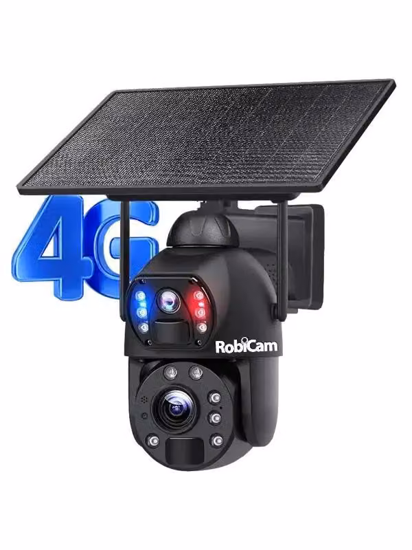 Doppia telecamera solare 4G nera, zoom ottico, laser infrarossi per visione notturna fino a 100 metri, RobiCam Solar, 6MP, Ultra HD, Zoom 20X