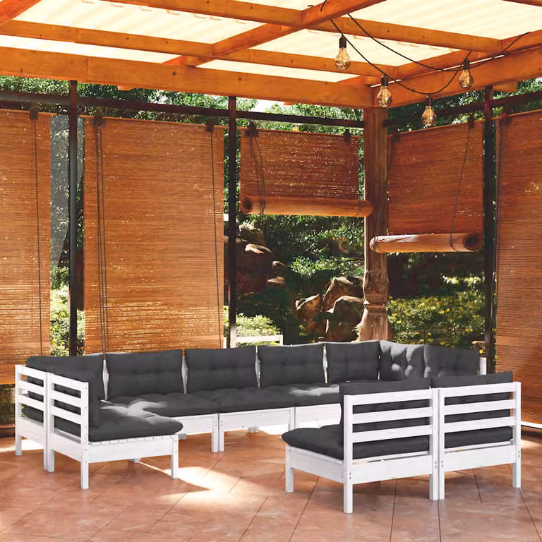 Set di divani da giardino vidaXL a forma di L composto da 9 pezzi in legno di pino con cuscini bianchi e antracite