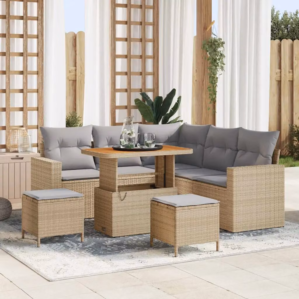 Set Divano da Giardino vidaXL 8 Pezzi in Polyrattan Beige con Cuscini e Tavolino – 1