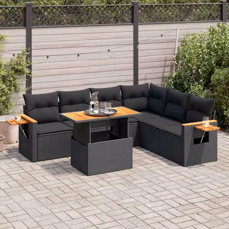 Set Divano da Giardino a L vidaXL in Polyrattan Nero con Cuscini e Tavolino da Caffè in Legno di Acacia