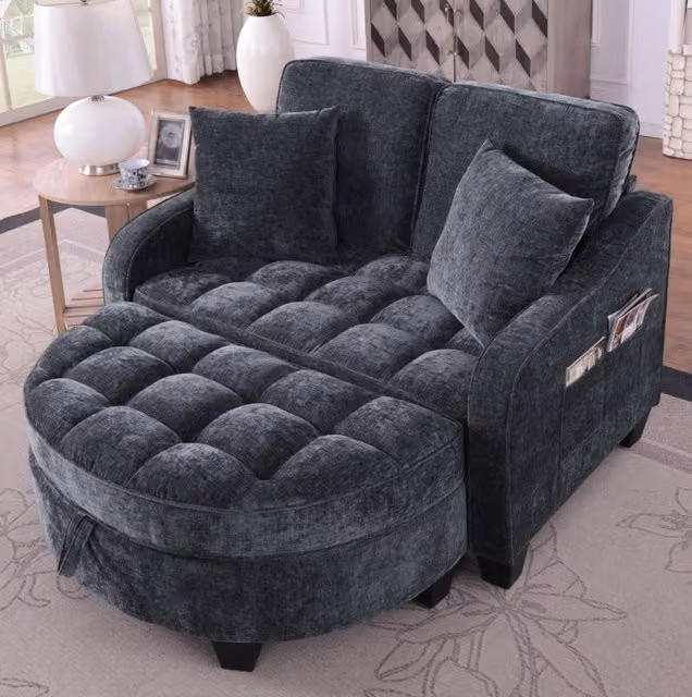 Divano letto 2 in 1 con pouf contenitore; 132x129x93 cm; eucalipto; nero