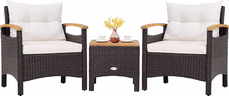 COSTWAY 3 pezzi in rattan con 2 poltrone e 1 tavolino, mobili da giardino in polyrattan, set da giardino, set da giardino con piano in legno d'acacia e cuscini per sedersi