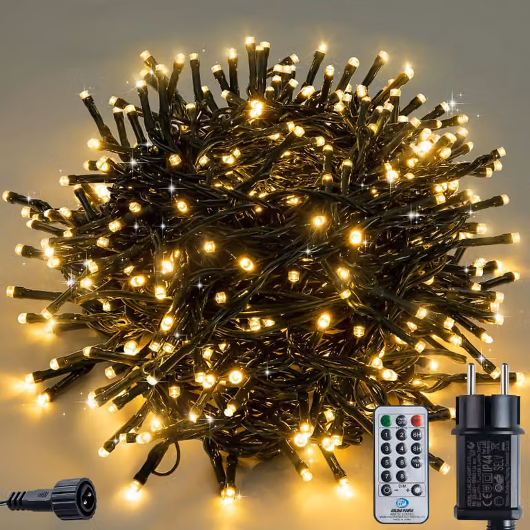 Catena luminosa da 30 metri, con 300 LED, luce bianco caldo, dimmerabile, con timer