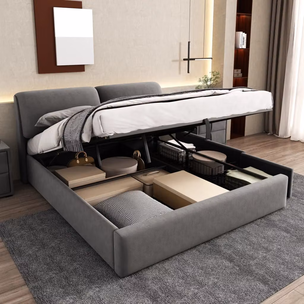 Letto imbottito con contenitore e testiera regolabile in velluto grigio L/P: 180 x 200 cm – 2