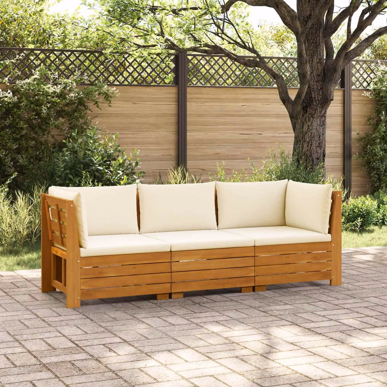 Set di 3 divani da esterno vidaXL a forma di L in legno di acacia marrone con cuscini beige rimovibili