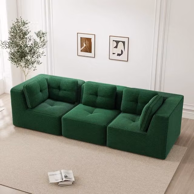 Divano Angolare Modulare 3 Posti ¨C MINIMAL ¨C Tessuto Velluto Verde, Seduta Profonda