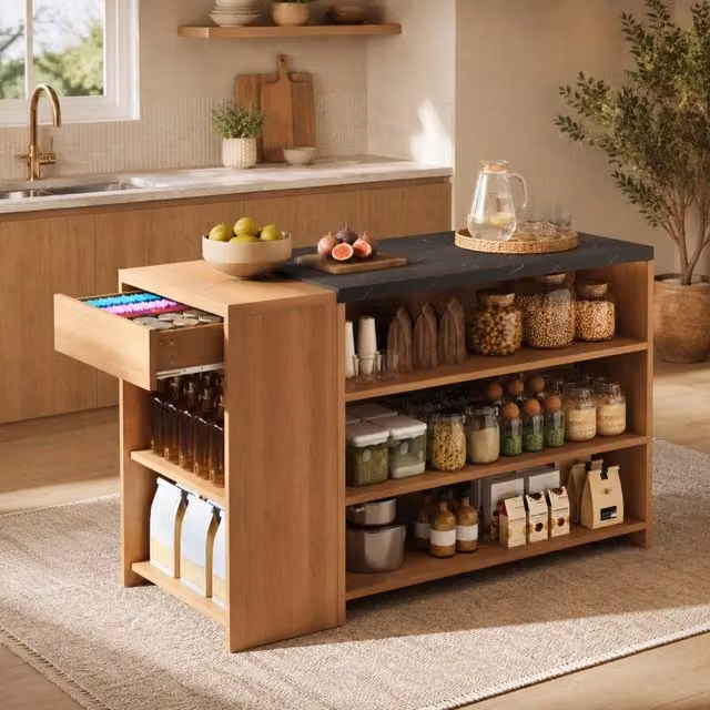 Isola cucina con bancone e cassetto nascosto 140x60x90 cm MDF nero effetto marmo e rovere