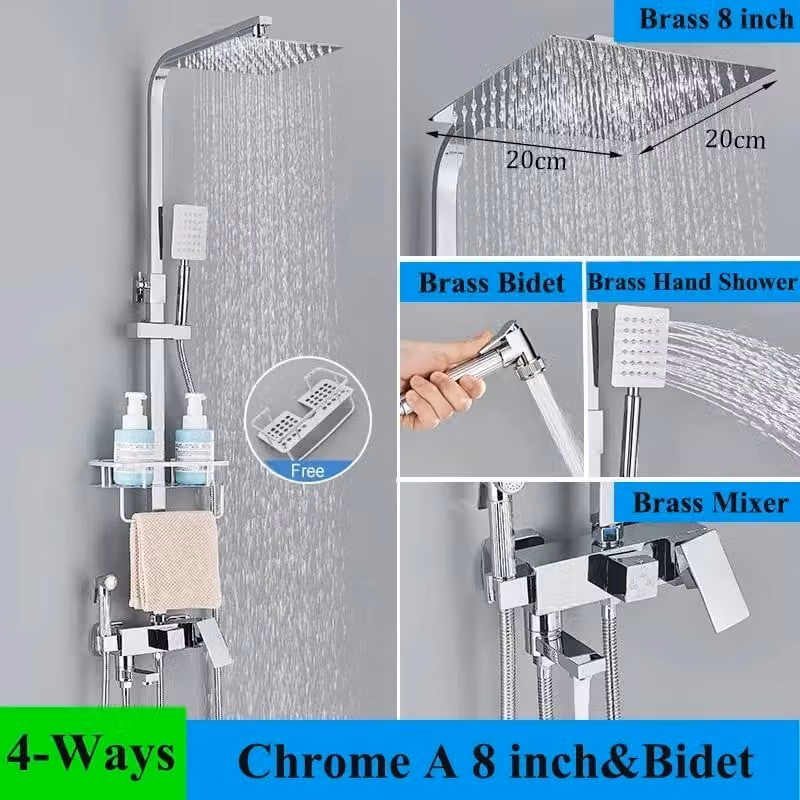 Sistema doccia per vasca - Set doccia a pioggia - Soffione da 20 cm - Bocca di scarico orientabile da 15 cm - Montaggio a parete - Miscelatore monocomando - Cartuccia in Vetroceramica - Cromo