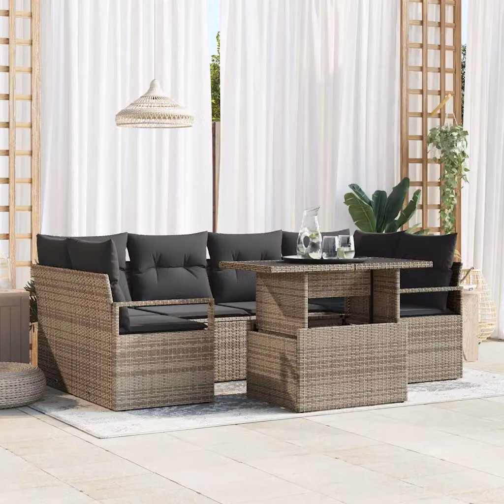 Set Divano da Giardino vidaXL a 7 posti in Polyrattan Grigio con Cuscini e Tavolino da Esterno – 1