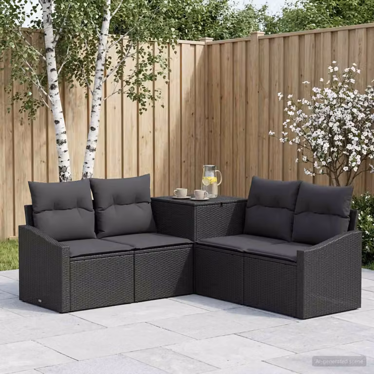 Set di divani da giardino vidaXL a forma di L composto da 5 pezzi in rattan sintetico e metallo nero con cuscini inclusi