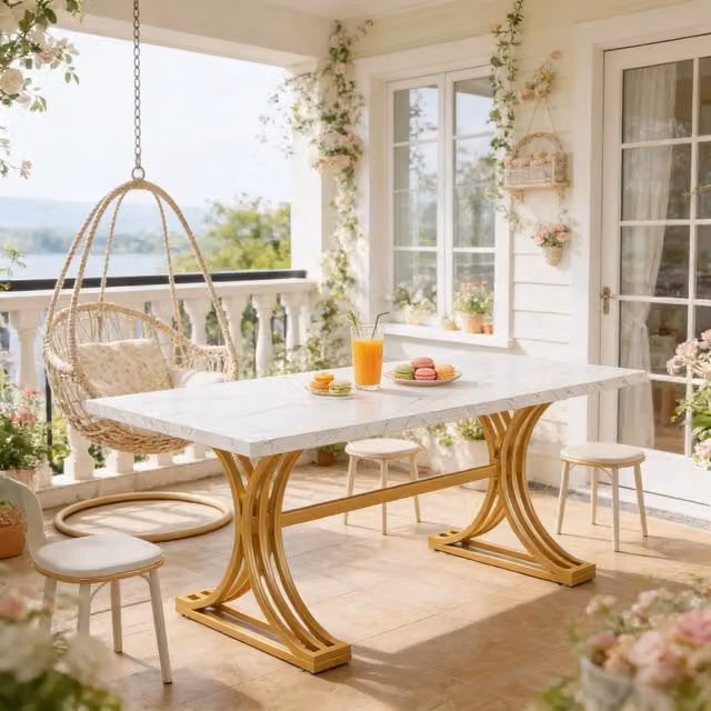 Tavolo da pranzo moderno WISHDOR rettangolare con piano in composizione effetto marmo bianco e gambe in metallo oro L: 160 cm, P: 80 cm, H: 75 cm