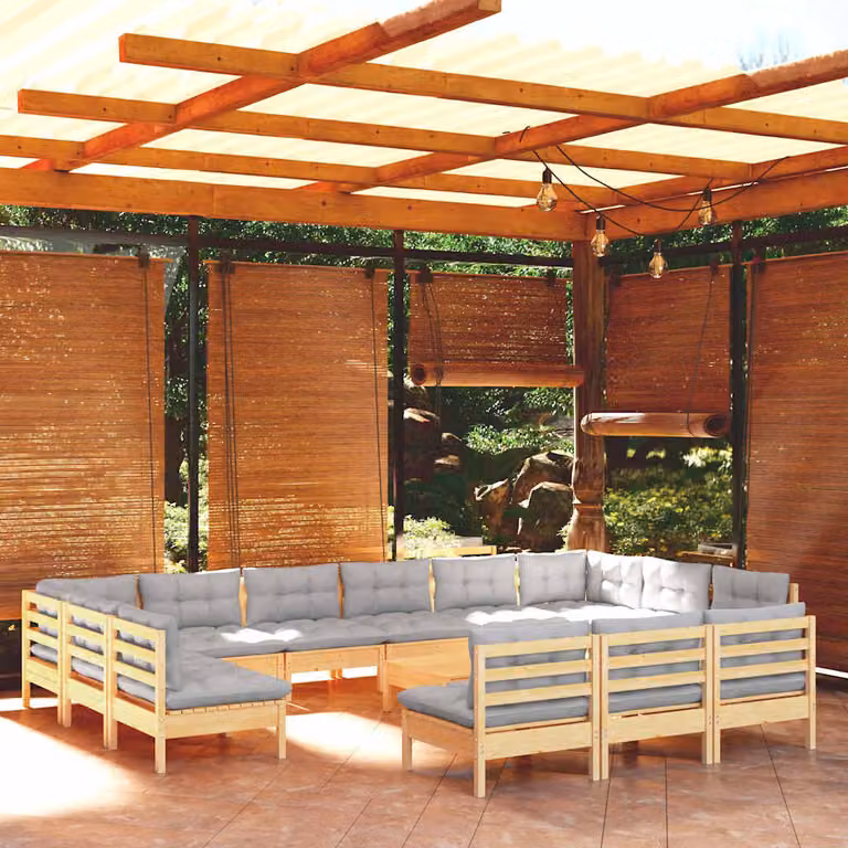 Set di Divani da Giardino vidaXL a Forma di L in Legno Massello di Pino con Cuscini Grigi e Ottoman, 14 Pezzi