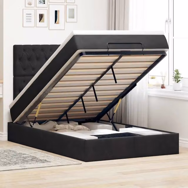 Letto moderno vidaXL in velluto nero e bianco con base contenitore a sollevamento, illuminazione sottostante e porte di ricarica USB, L/P/H: 193 x 120 x 128 cm – 1
