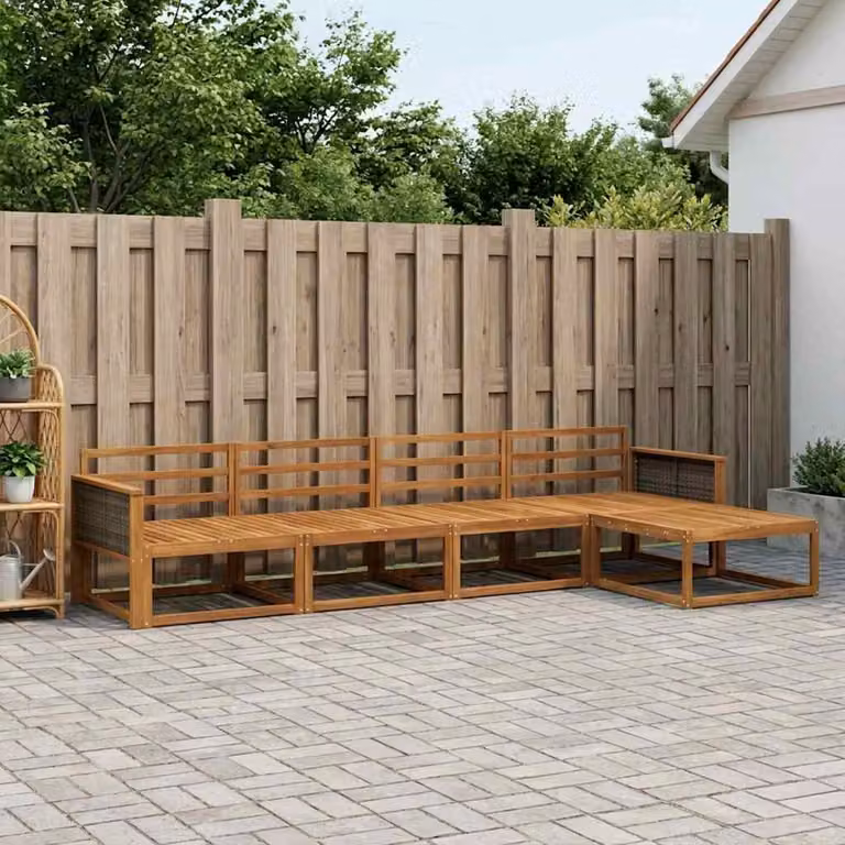 Set di divani da esterno vidaXL a forma di L in legno di acacia massello marrone con 5 pezzi e cuscini inclusi