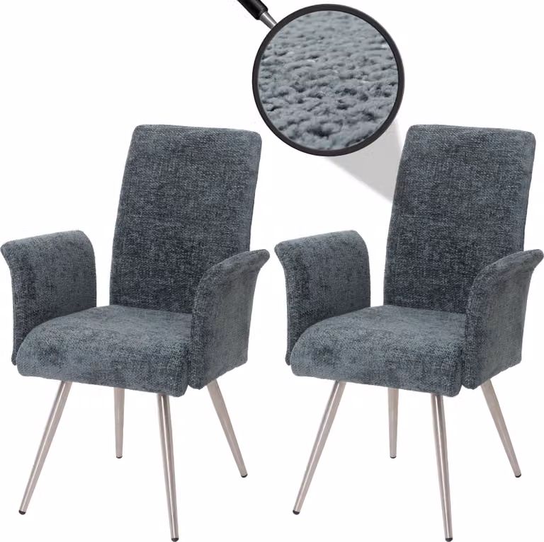 Set di 2 sedie da pranzo modello HWC-G55, con braccioli, in acciaio inossidabile spazzolato e rivestite in tessuto chenille, colore blu-verde