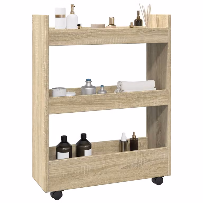 vidaXL Carrello Stretto a 3 Livelli in Truciolato e MDF Rovere Sonoma, Colore Marrone/Beige, L/P/H: 60 x 22 x 80 cm
