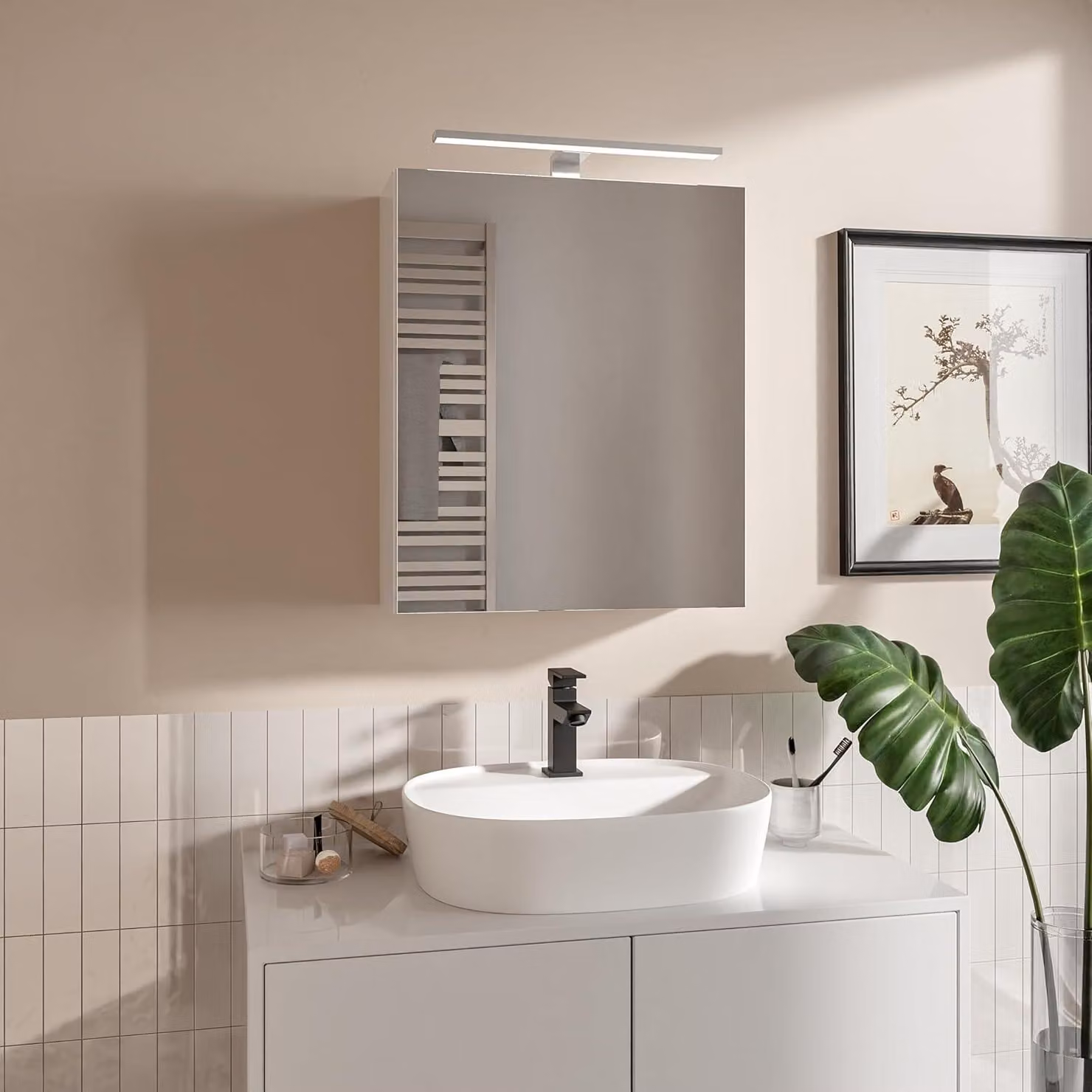 HAJDUK FURNITURE Armadietto da Bagno con Specchio LED 50x60 cm Bianco Opaco - Mobile Pensile 3 Ripiani IP44 4000K
