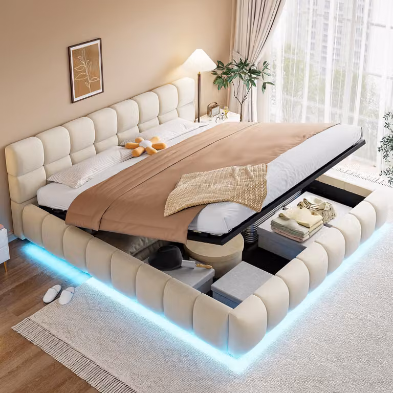 Letto imbottito idraulico Flieks 180x200cm con vano contenitore, letto matrimoniale letto per ragazzi letto contenitore con rete a doghe, velluto, beige
