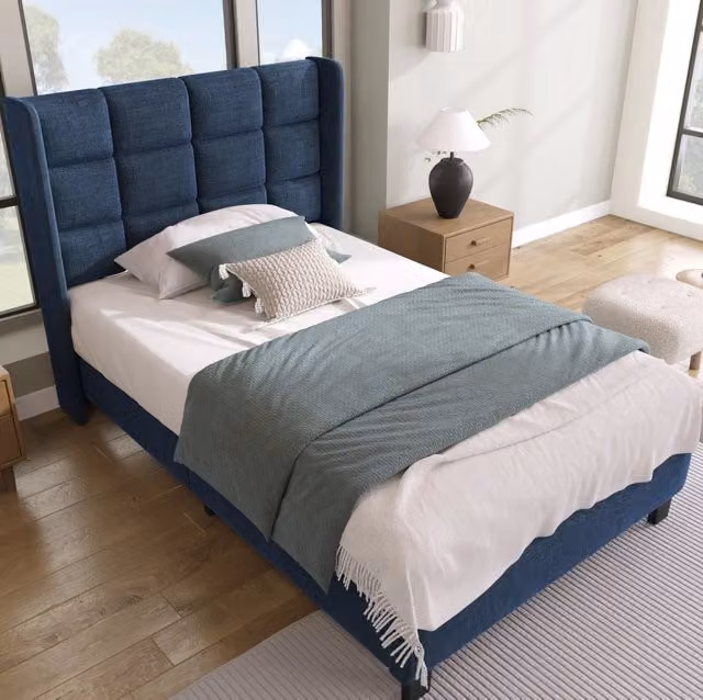 Letto Singolo Imbottito con Testiera in Lino Blu 90x200cm con Rete a Doghe, Senza Materasso