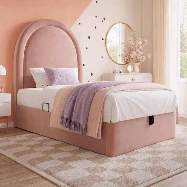 Letto imbottito singolo con contenitore 90x200 cm in velluto rosa