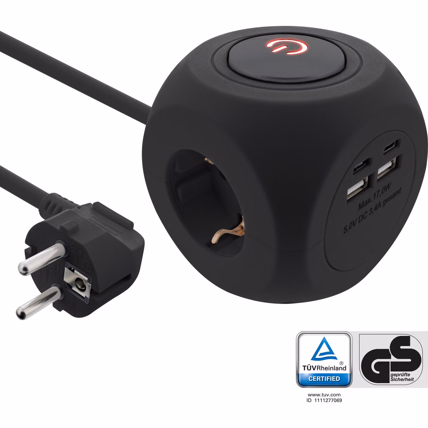 Cubo di ricarica InLine®, 3x contatto di terra, 2x USB-C, 2x USB-A, nero, 2m