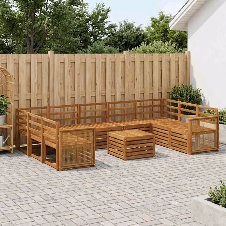 Set di divani da esterno vidaXL in legno di acacia marrone con cuscini e tavolino da giardino a forma di L composto da 10 pezzi