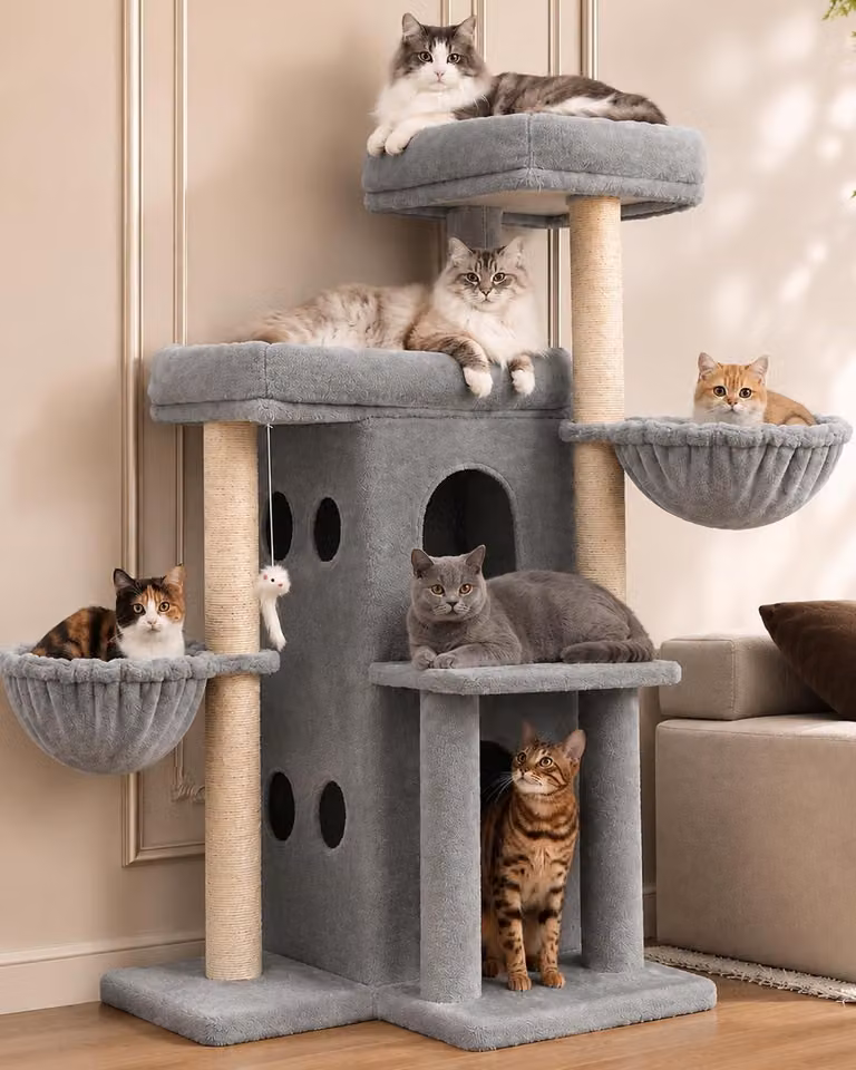 Albero per gatti color grigio chiaro, realizzato con materiali resistenti, a più livelli, con un'unica superficie per sdraiarsi, ideale per gatti attivi