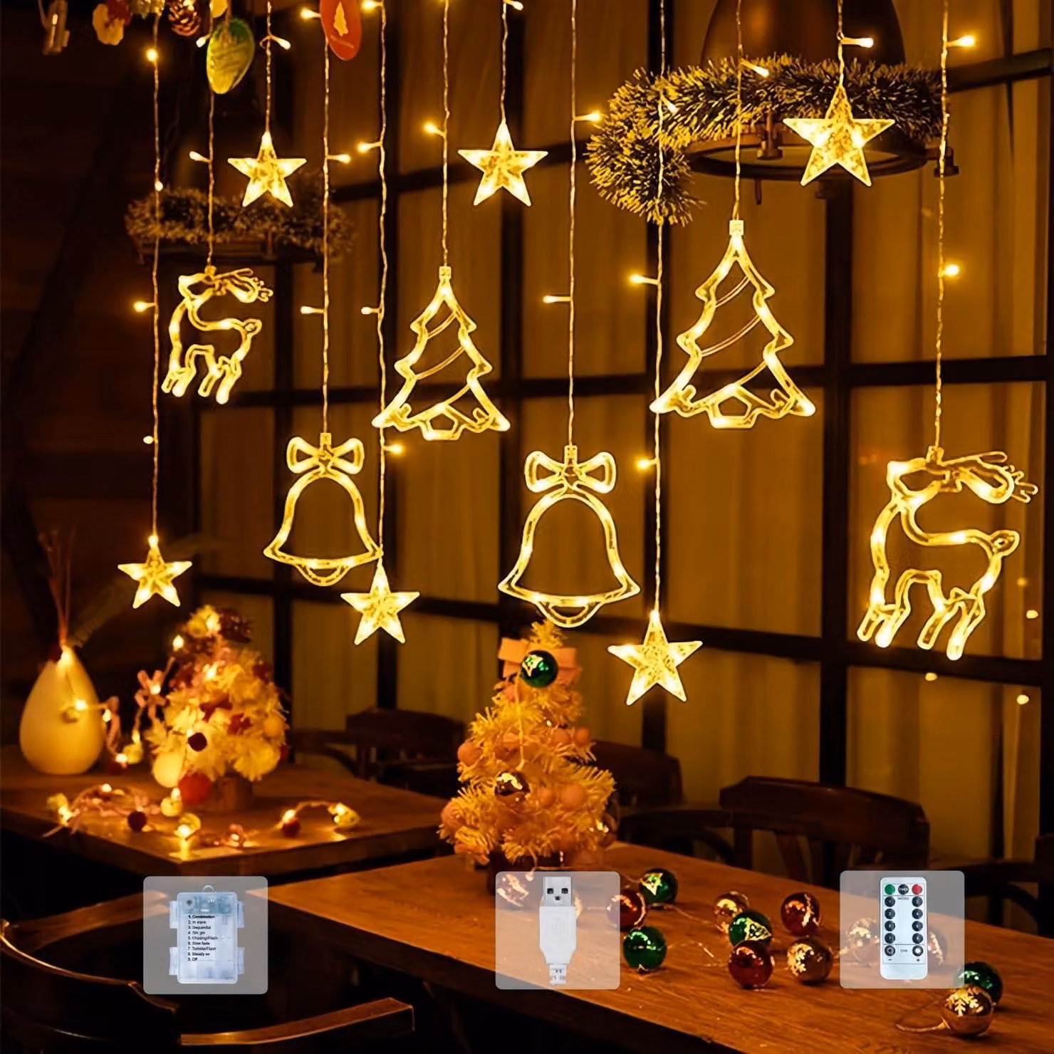 Luci a LED a cascata, lunghezza 3,5 metri, 120 LED, 8 modalità, timer, luce bianco caldo, grado di protezione IP44
