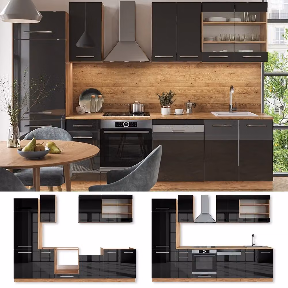 Cucina componibile moderna Vicco Fame-Line colore Antracite lucido e Rovere dorato, L: 300 cm – 2