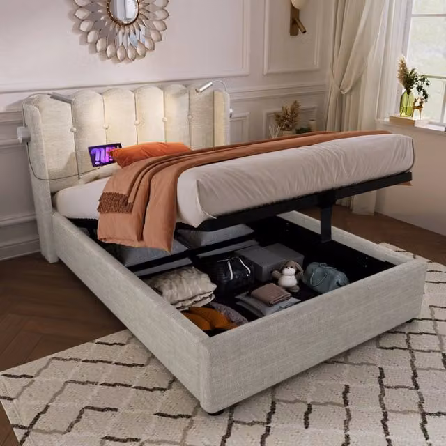 Letto Contenitore REDOM in Lino Beige con Materasso Incluso, Luce da Lettura e Porta USB, L/P/H: 90 x 200 x 103 cm