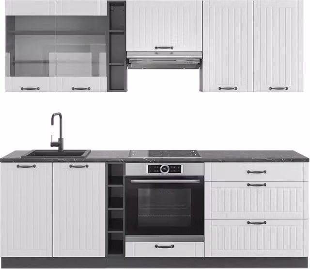 Cucina componibile Fame-Line Vicco in stile country house, Bianco rustico e Antracite, L: 235 cm, senza piano di lavoro