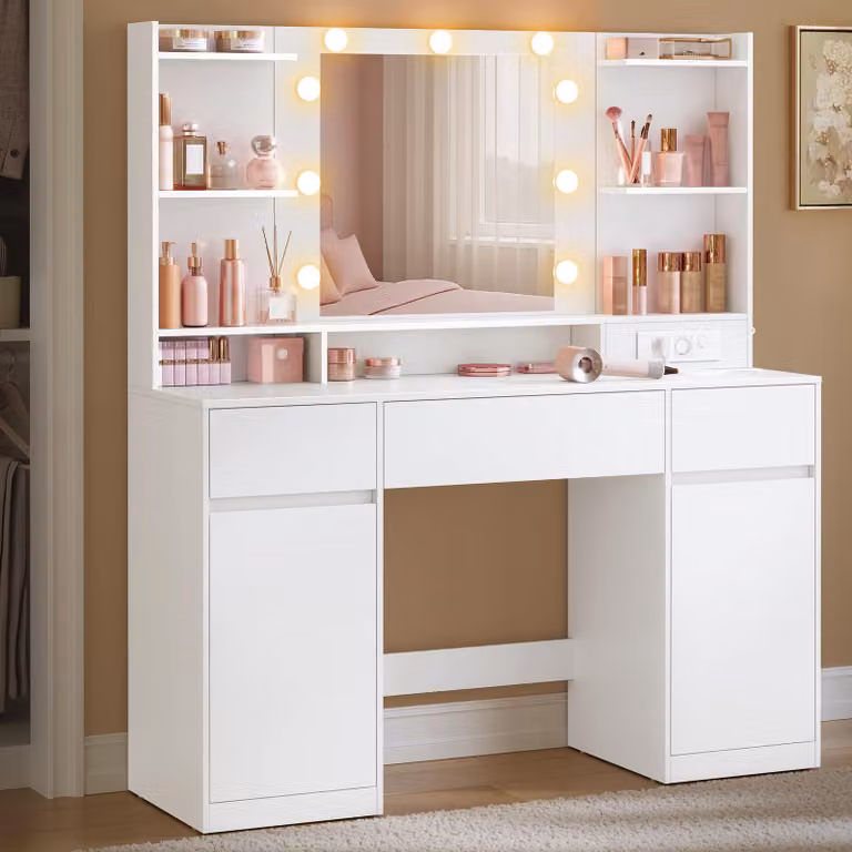 VASAGLE: Tavolino da trucco illuminato con specchio a LED, 3 cassetti – Tavolino da trucco con lampadina e ante
