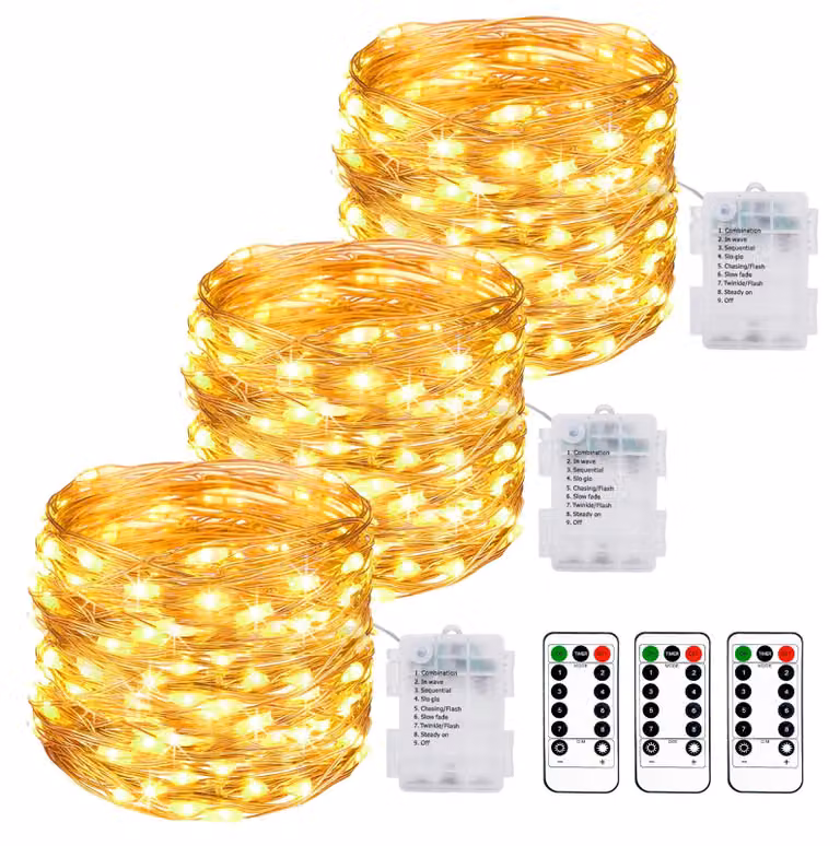Confezione da 3, catene luminose da 10 metri, 100 LED, luce bianco caldo, alimentazione a batteria