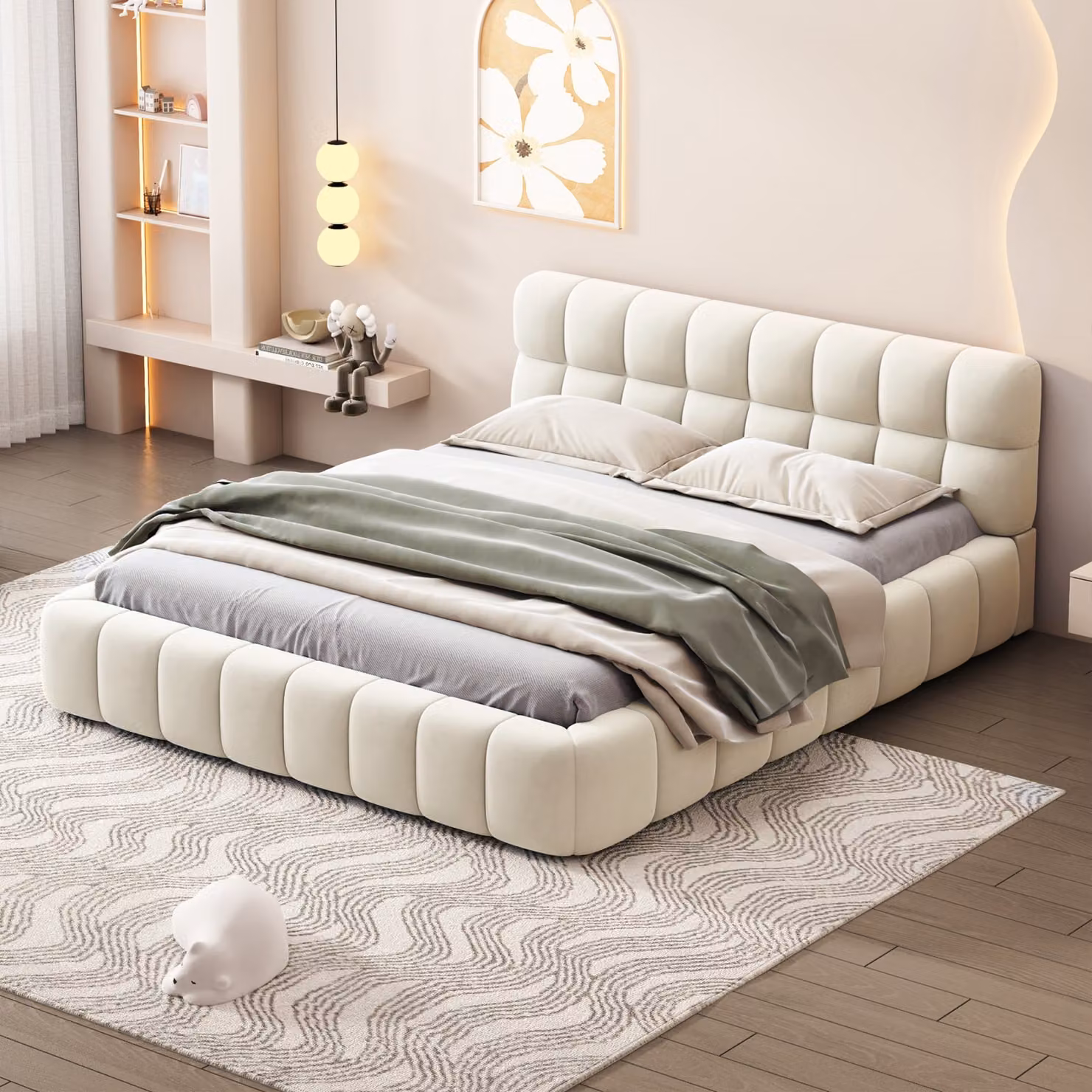 Tessuto di lino, 140x200 cm, con schienale imbottito e rete a doghe, colore beige