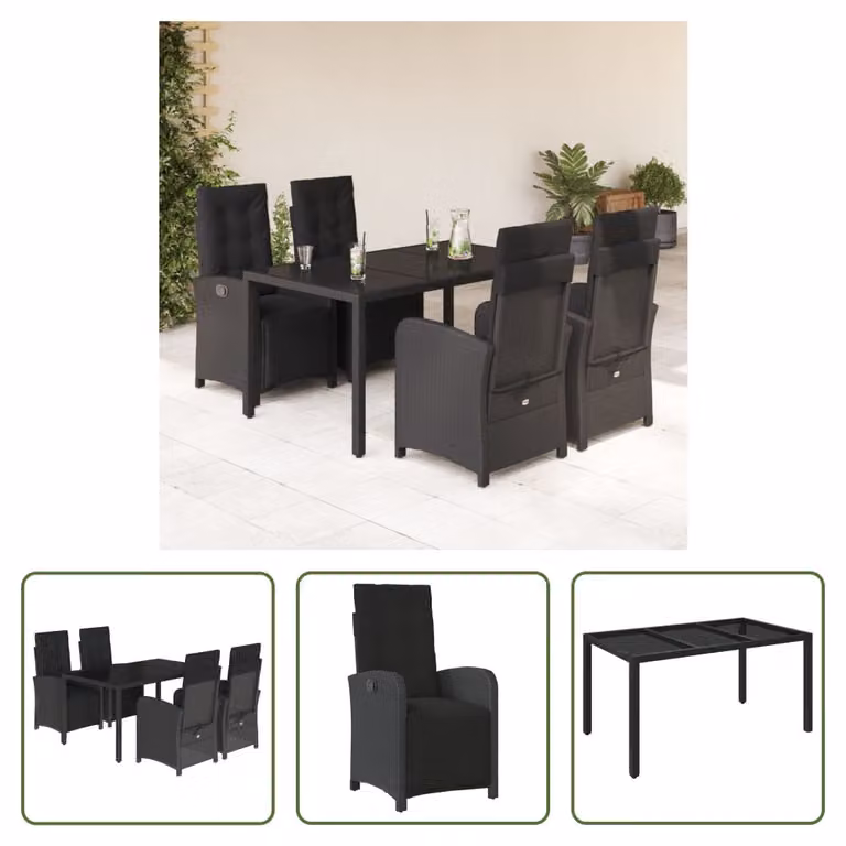 The Living Store Set da pranzo da giardino 5 pezzi con cuscini in poly rattan nero