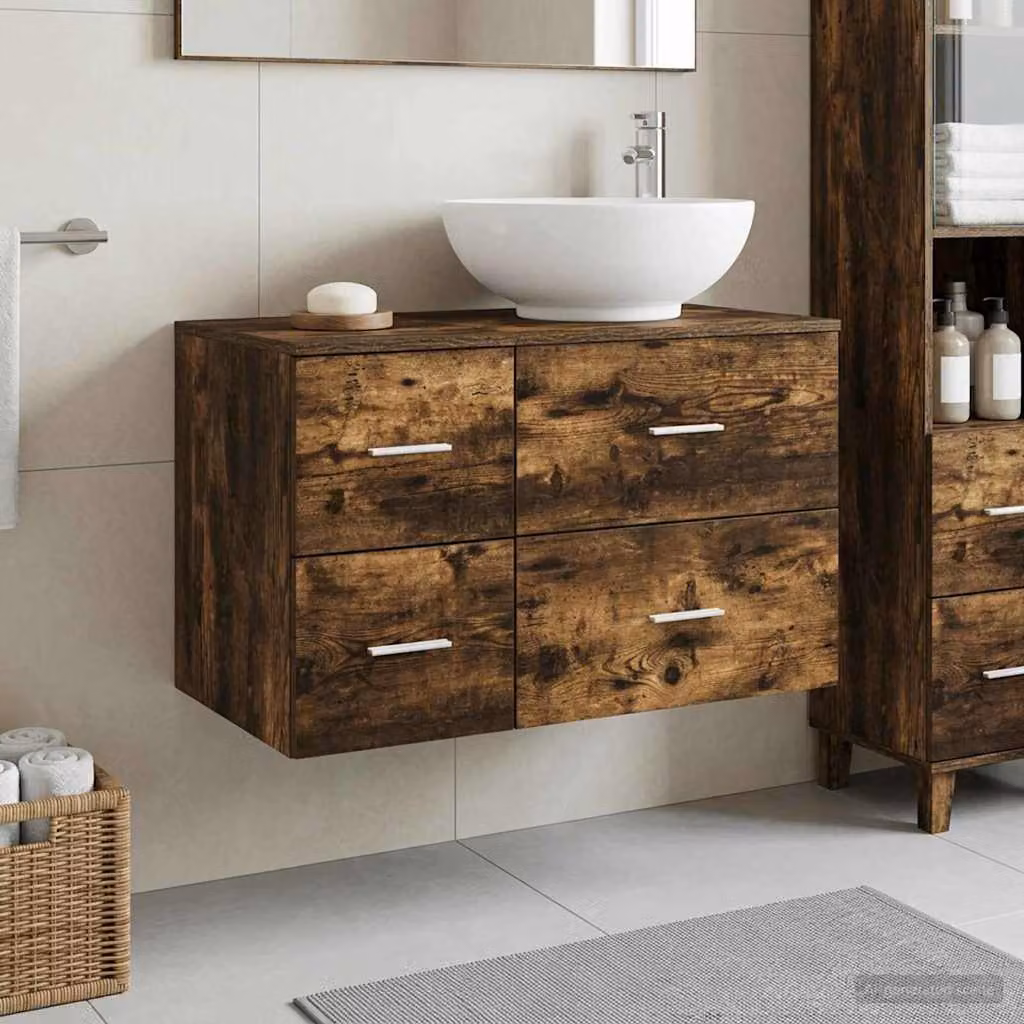Set di mobili per il bagno vidaXL composto da mobile lavabo e mobile contenitore in legno marrone con dettagli argento, design minimalista e montaggio a parete