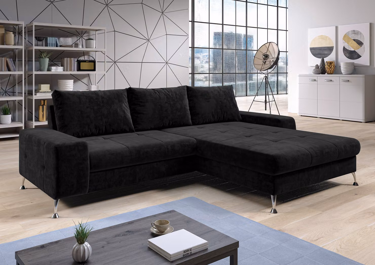 AX LIVING divano letto angolare con rete Artemia 275 cm in velluto nero R